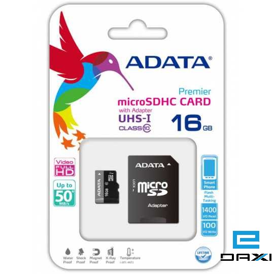 მეხსიერების ბარათი, A-DATA 16GB, AUSDH16GUICL10-RA1 Premier microSDHC UHS-I U1 (Class 10)