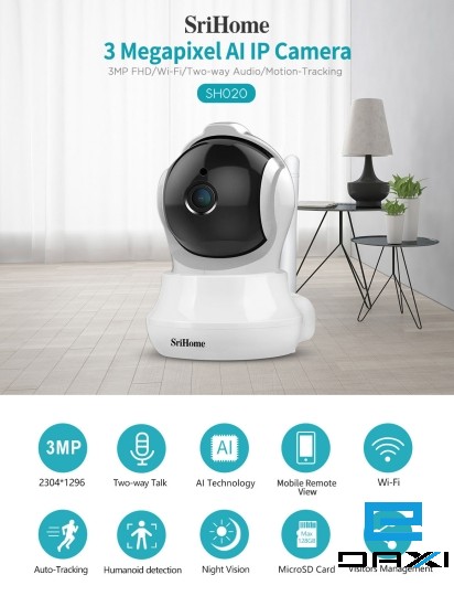 სამეთვალყურეო კამერა 3MP, SriHome SH020, WiFi, LAN, 3.6mm Lens, White, Indoor