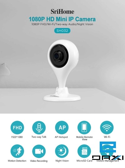 სამეთვალყურეო კამერა 2MP, SriHome SH032, WiFi, 3.6mm Lens, White, Indoor
