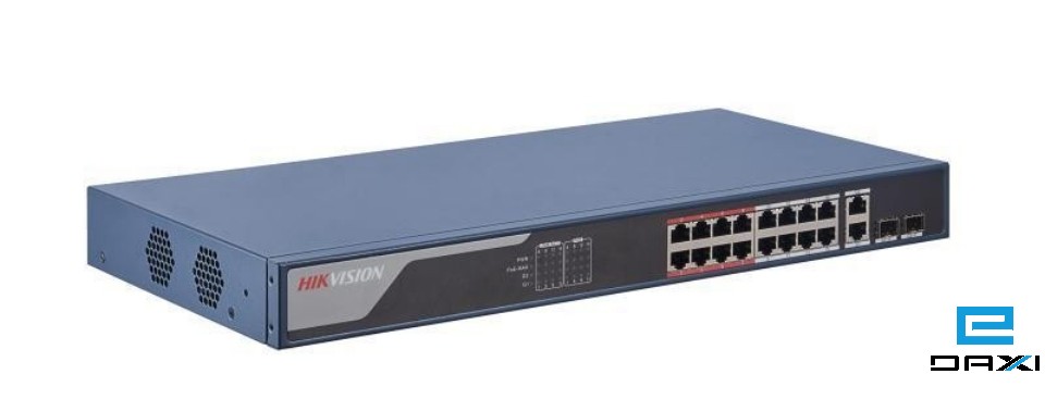მართვადი POE სვიჩი 16 Port Hikvision DS-3E1318P-EI, 16 × 100 Mbps PoE RJ45 ports, 2 × gigabit combos
