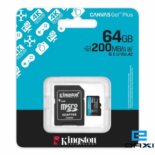 microSDXC 64GB, Kingston SDCG4/64GB, Canvas Go Plus Gen4 200MB/s A2 U3 V30 Card + Adapter