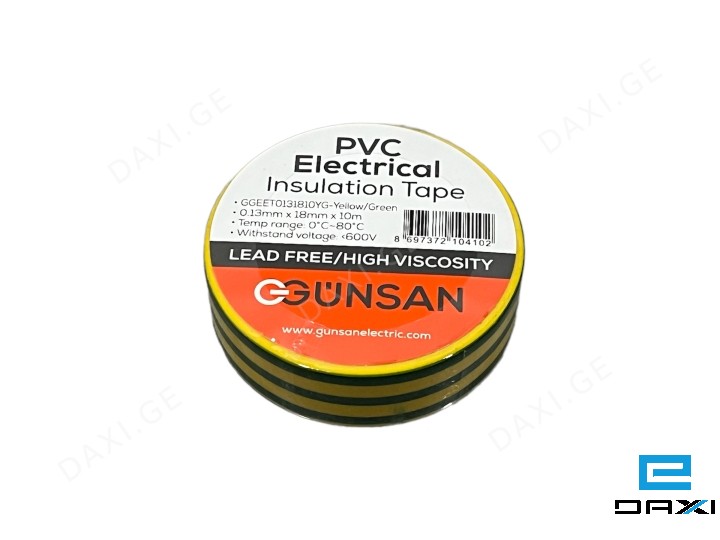 საიზოლაციო ლენტი, (ყვითელი-მწვანე) 10M GUNSAN, 0.13x18MM