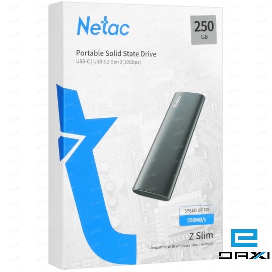 გარე მყარი დისკი SSD 250GB, NETAC NT01ZSLIM-250G-32BK, Z SLIM Black USB 3.2 Gen 2 Type-C, R/W up to 550MB/480MB/s,w